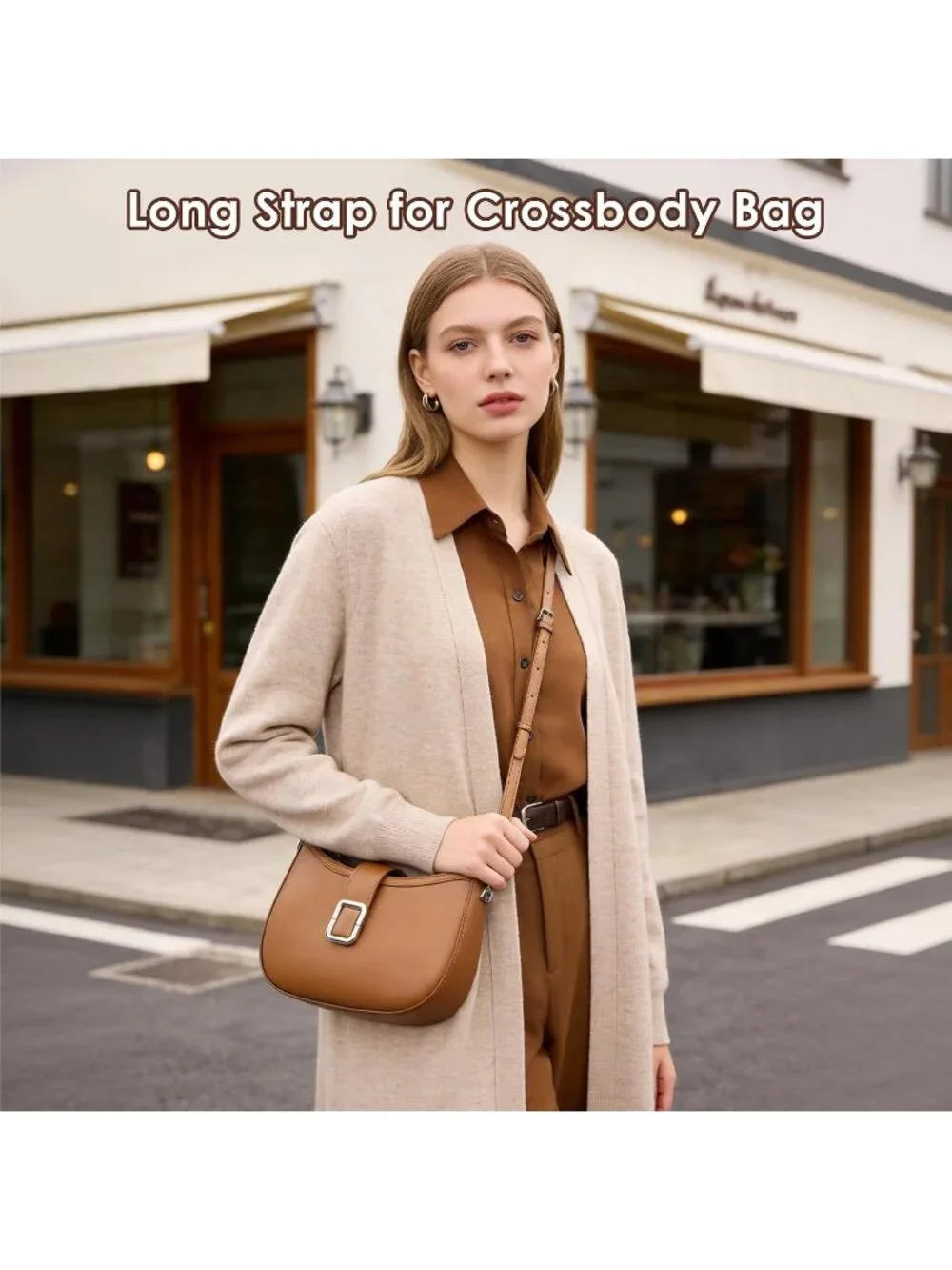 Women's Beige Coffee Genuine Leather Purse 3 Pocket Shoulder Crossbody Bag